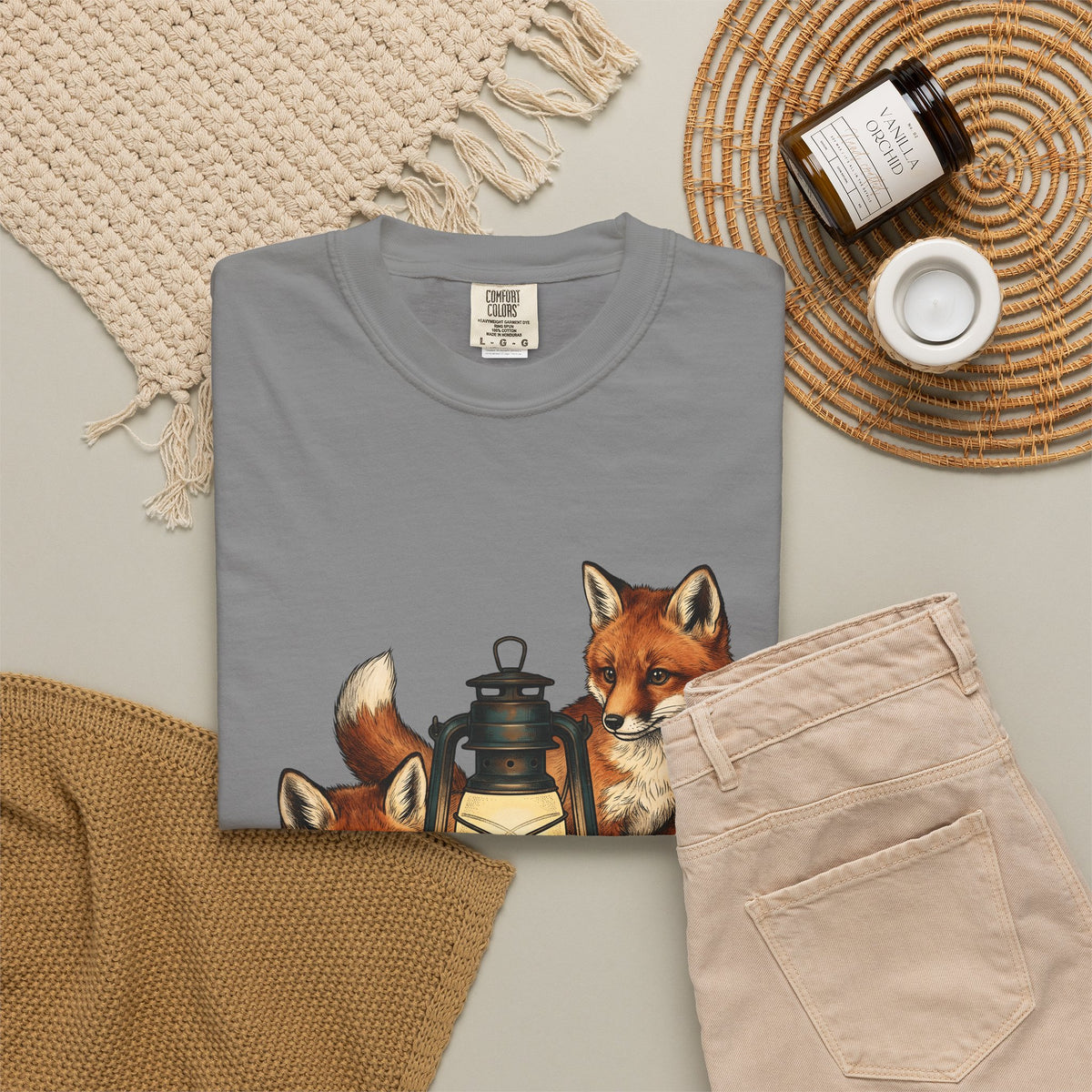 Fox Light T-Shirt Halloween Nature Gift Women Hand Drawn T-Shirt Lamp T-Shirt Spooky Fan Illustrated T-Shirt Wilderness Graphic Doodle Maple Leaves