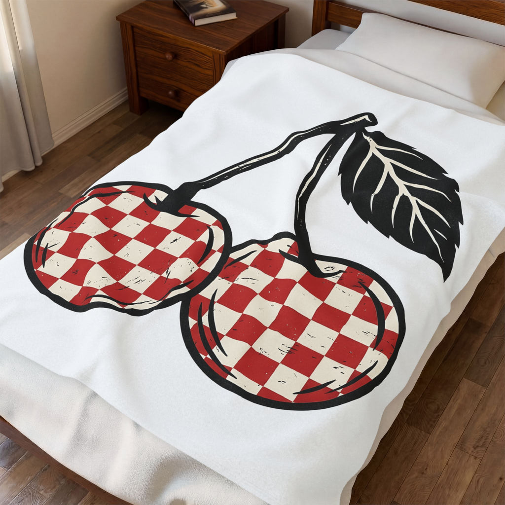 Cherry Illustration Blanket Moms Produce Gift Women Rustic Blanket Cherry Blanket Mother Fan Vintage Blanket Harvest Graphic Nostalgic Plaid Design