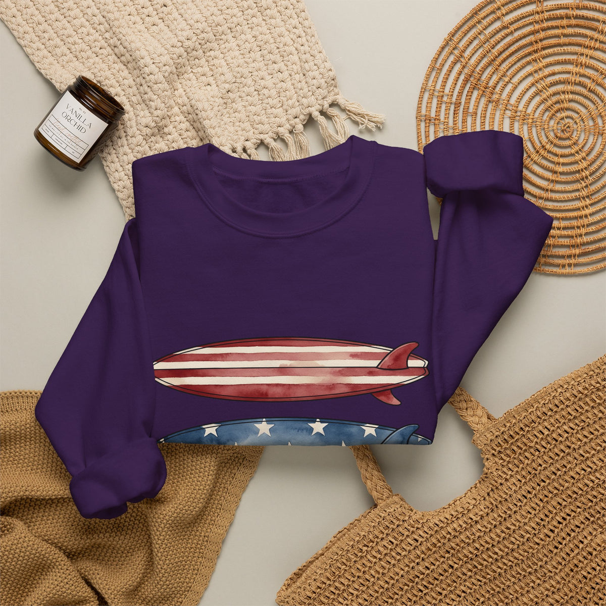 American Surfboards Sweatshirt 4th Of July Ocean Gift Women Painting Sweatshirt Surfboard Sweatshirt Independence Day Fan Artistic Sweatshirt Sea Graphic Retro