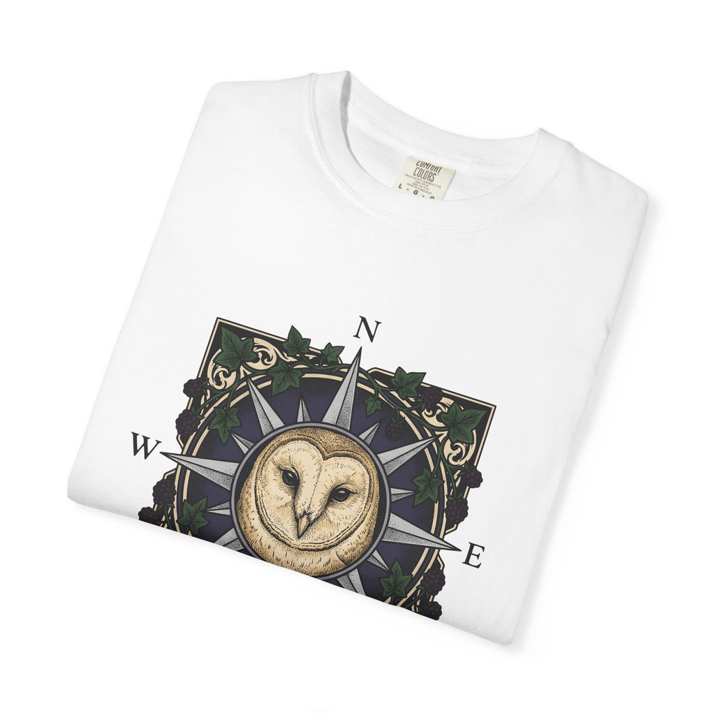 Owl Compass T-Shirt Boho Chic Wilderness Gift Women Enchanting T-Shirt Owl T-Shirt Bohemian Fan Mystical T-Shirt Wilderness Graphic Classic Leaf