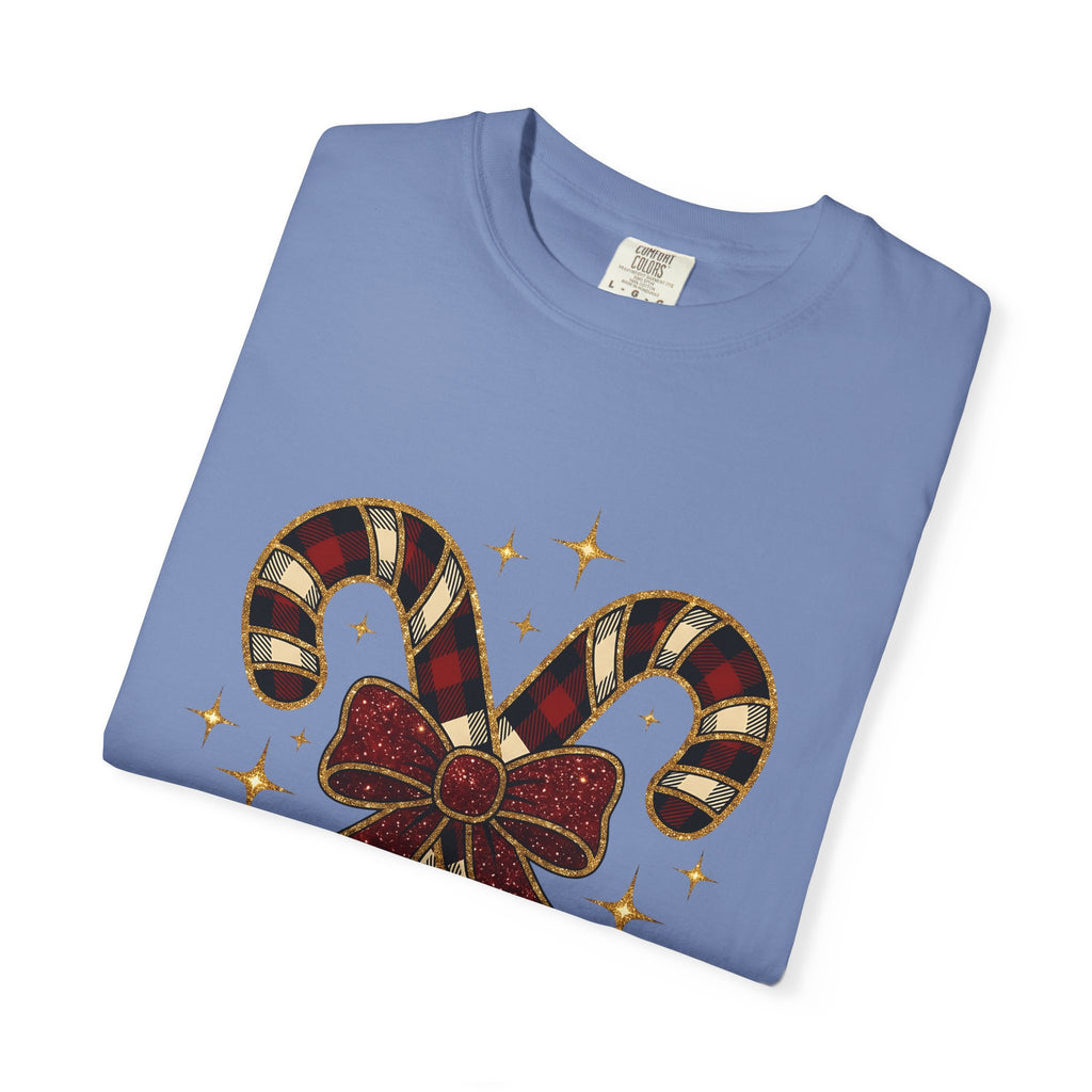 Striped Candy Bow T-Shirt Christmas Event Gift Women Glimmer T-Shirt Candy Bow T-Shirt Christmas Fan Sparkle T-Shirt Party Graphic Gingham Star