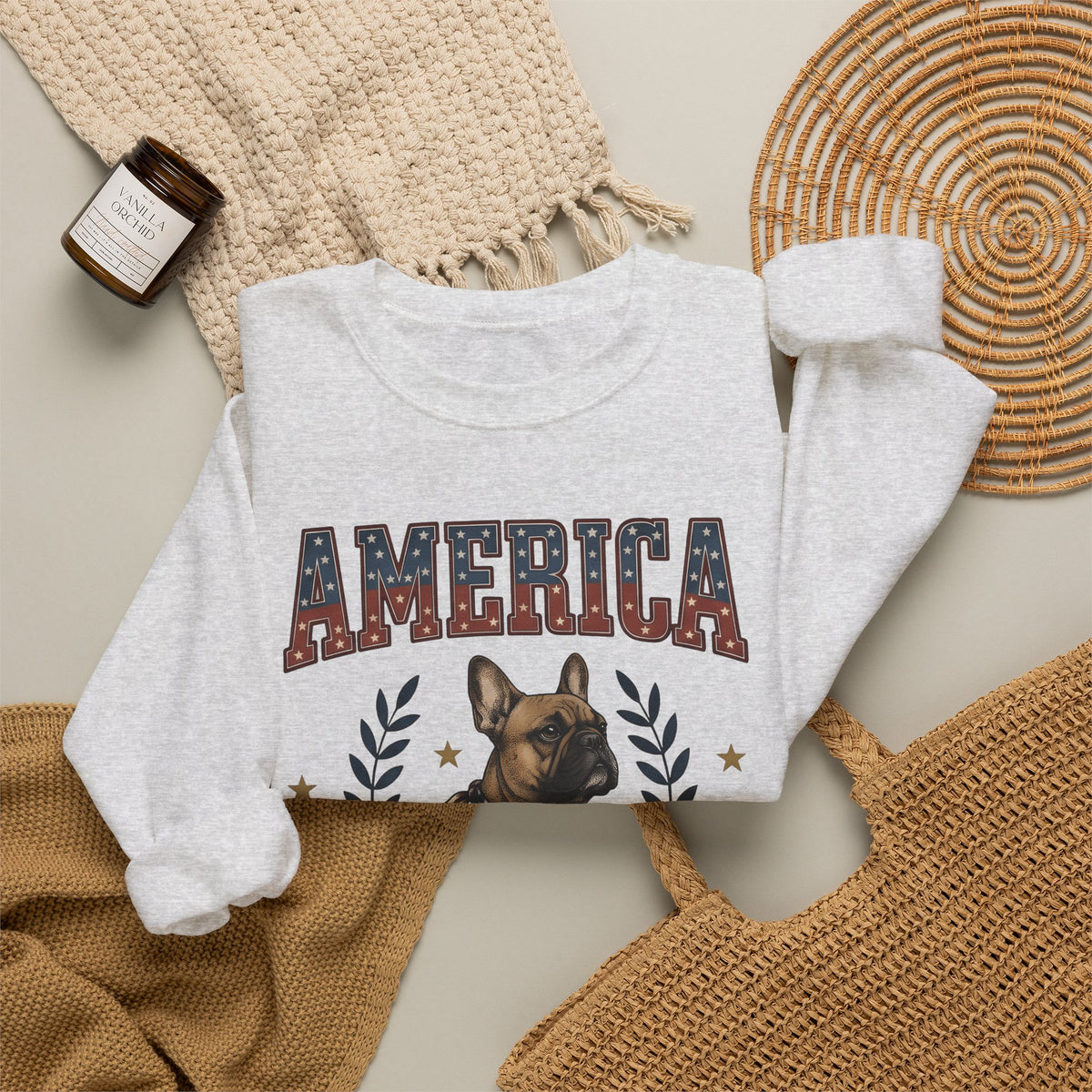 French Bulldog Sweatshirt America Patriotic Gift Women Vintage Sweatshirt Bouledogue Sweatshirt American Fan Retro Illustration Graphic Retro Stars Sweatshirt
