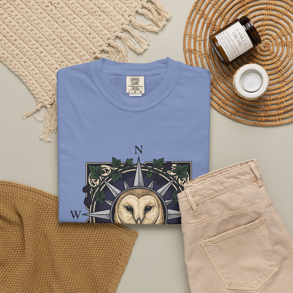 Owl Compass T-Shirt Boho Chic Wilderness Gift Women Enchanting T-Shirt Owl T-Shirt Bohemian Fan Mystical T-Shirt Wilderness Graphic Classic Leaf