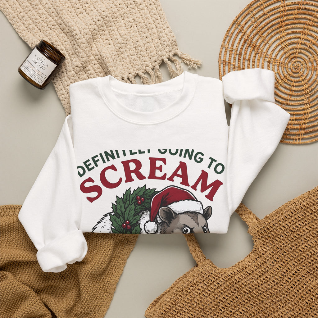 Possum Holiday Hat Sweatshirt Funny Critter Gift Women Sketch Sweatshirt Opossum Sweatshirt Humor Fan Doodle Sweatshirt Animal Graphic Line Art Xmas Wreath