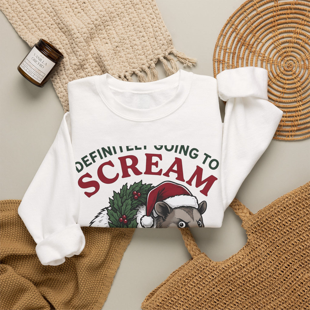 Possum Holiday Hat Sweatshirt Funny Critter Gift Women Sketch Sweatshirt Opossum Sweatshirt Humor Fan Doodle Sweatshirt Animal Graphic Line Art Xmas Wreath