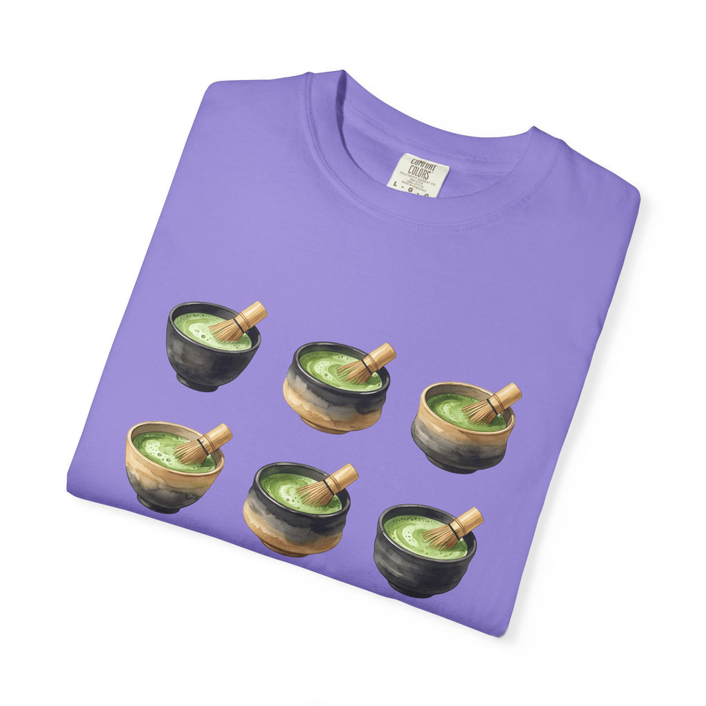 Green Tea Bowls T-Shirt Drinks Infusion Gift Women Gouache T-Shirt Tea Bowls T-Shirt Beverage Fan Watercolor T-Shirt Steeped Graphic Simple Wooden