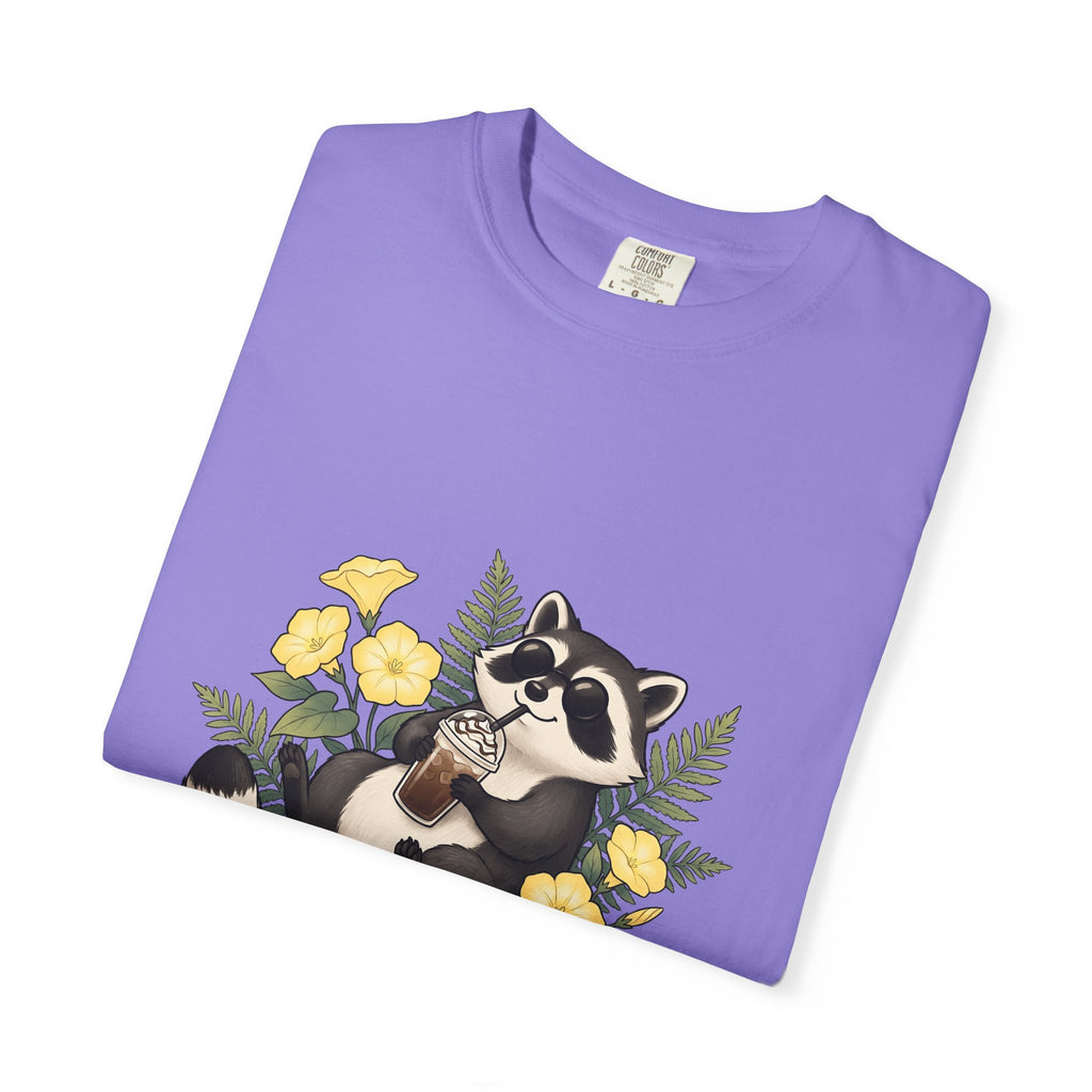 Raccoon Cappuccino T-Shirt Coffee Pet Gift Women Cartoon T-Shirt Cappuccino T-Shirt Coffee Fan Caricature T-Shirt Animal Graphic Outline Florals