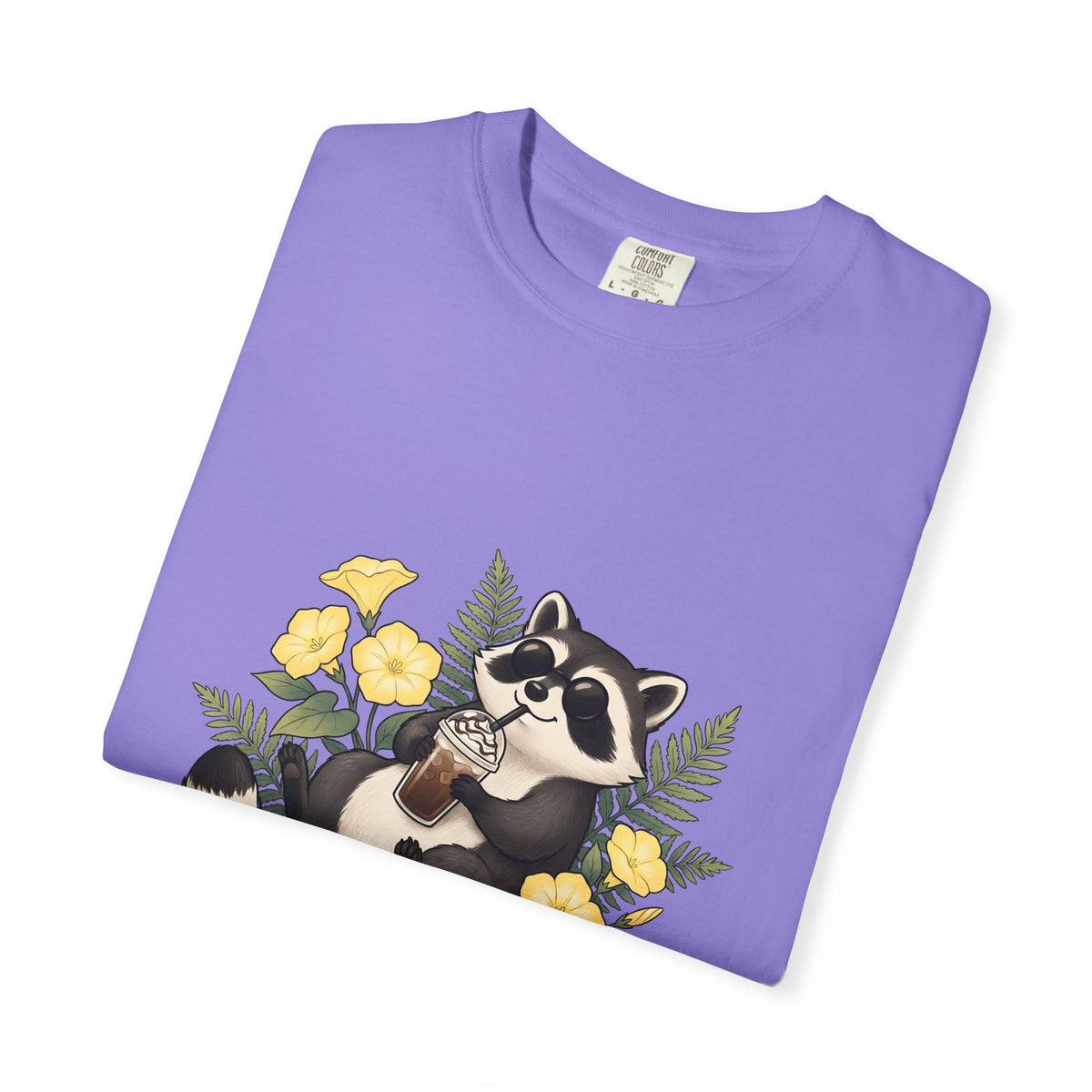 Raccoon Cappuccino T-Shirt Coffee Pet Gift Women Cartoon T-Shirt Cappuccino T-Shirt Coffee Fan Caricature T-Shirt Animal Graphic Outline Florals