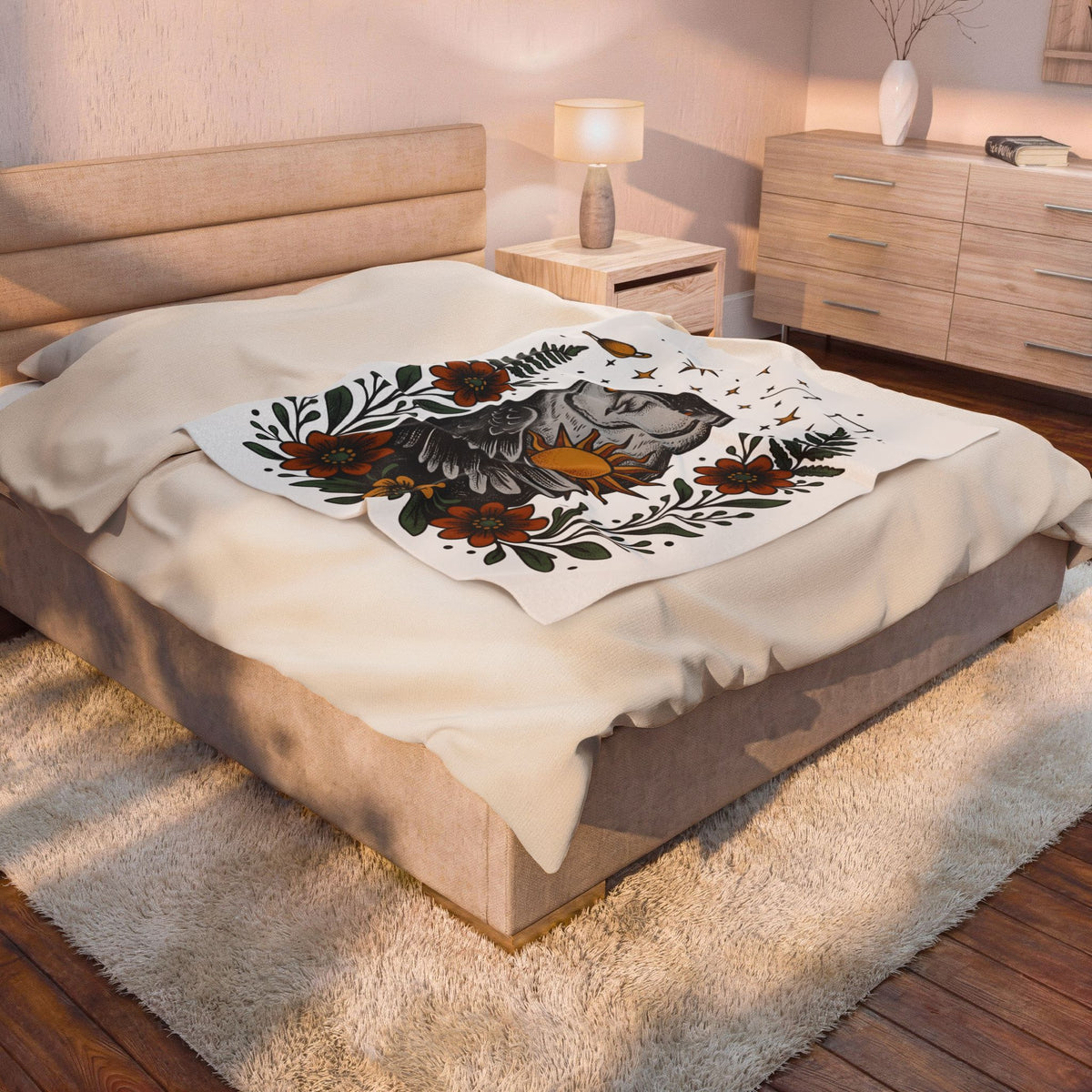 Owl Sun Boho Chic Nature Gift Boho Hoot Bohemian Fan Hippie Environmental Vintage Floral Blanket