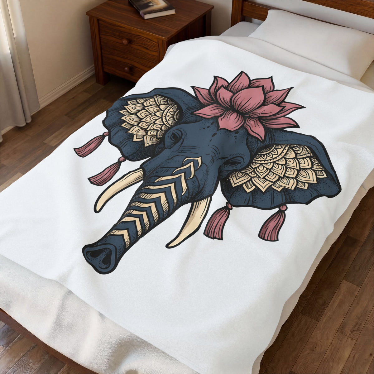 Elephant Bloom Blanket Boho Creature Gift Women Ethnic Blanket Elephant Blanket Hippie Fan Tribal Blanket Animal Graphic Line Art Design Blanket