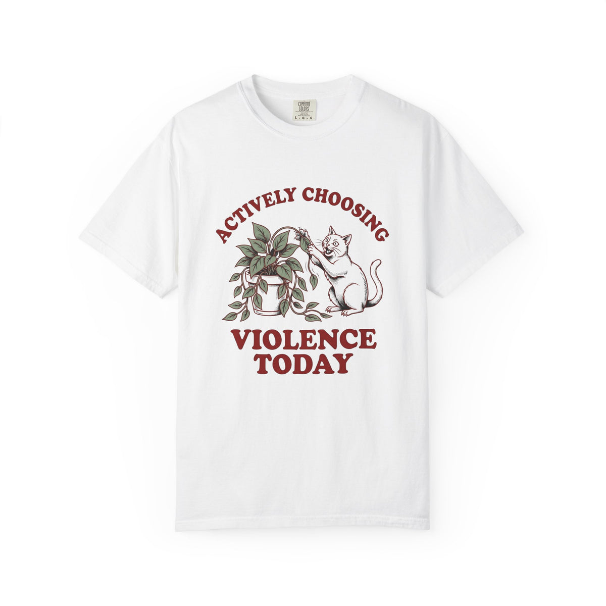Feline Foliage T-Shirt Cat Comedy Gift Women Classic T-Shirt Cat Foliage T-Shirt Cat Fan Vintage T-Shirt Humor Graphic Ink Drawing Potted Plant