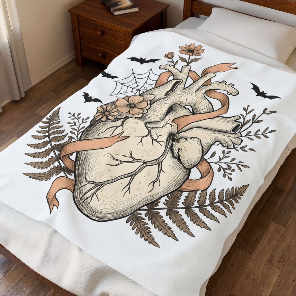 Anatomical Heart Blanket Halloween Gothic Gift Women Tattoo Art Blanket Cardiac Blanket Horror Fan Ink Blanket Dark Graphic Vintage Bats Blanket