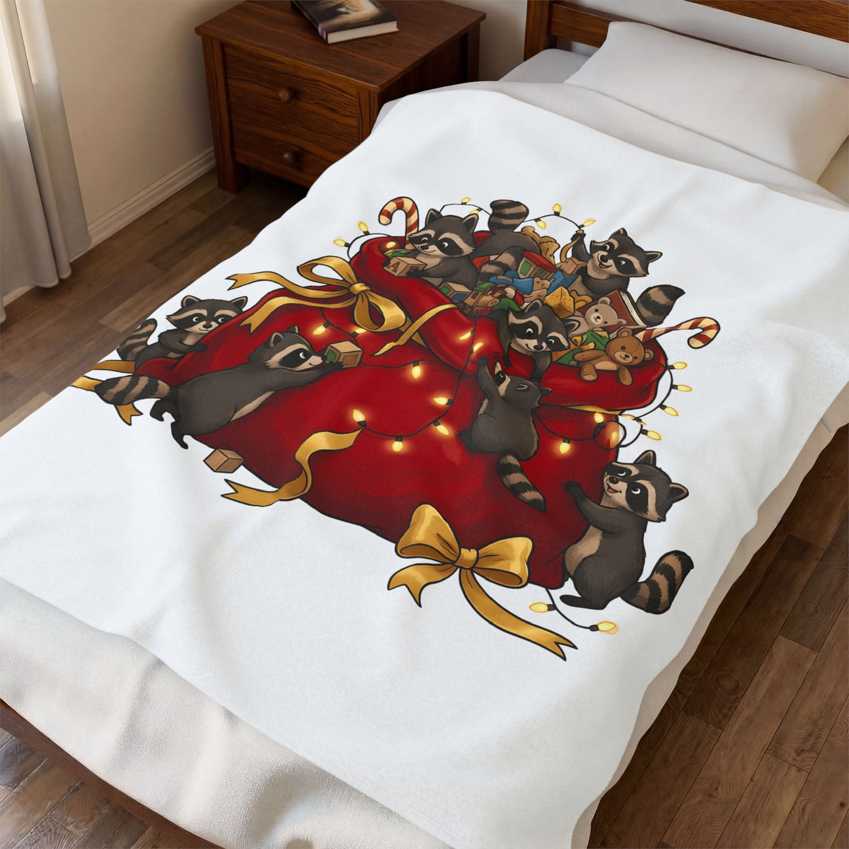 Raccoon Toy Sack Blanket Christmas Animals Gift Women Cute Blanket Trash Panda Blanket Xmas Fan Critter Graphic Blanket Hand Drawn Fairy Lights