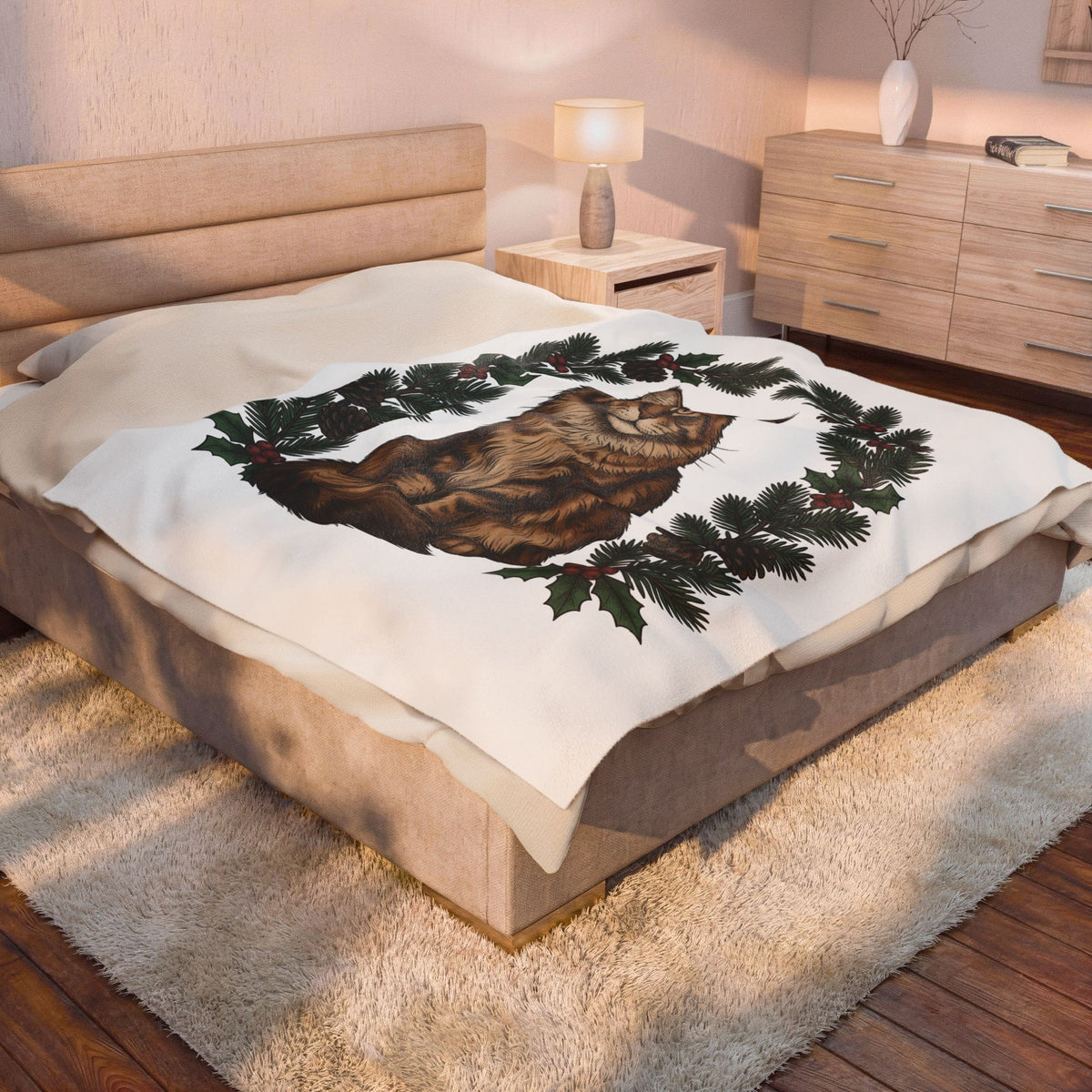 Maine Coon Kitten Blanket Cat Holiday Gift Women Floral Blanket Kitten Blanket Cat Fan Fancy Blanket Christmas Graphic Retro Pine Twigs Blanket