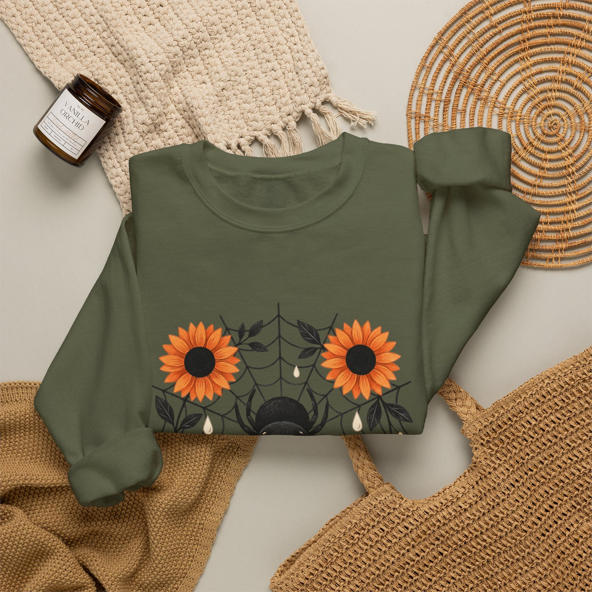 Spider Web Sunflower Sweatshirt Boho Chic Autumn Gift Women Cartoon Sweatshirt Sunflower Sweatshirt Hippie Fan Comic Sweatshirt Fall Graphic Doodle Petal