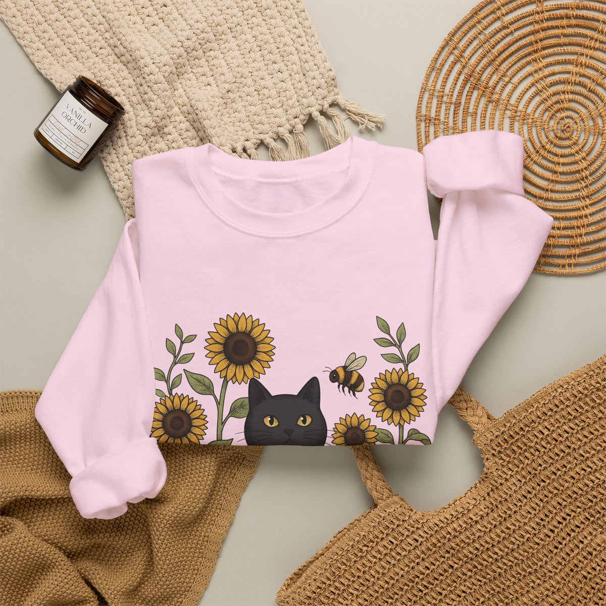 Dark Cat Sweatshirt Boho Chic Garden Gift Women Line Art Sweatshirt Black Cat Sweatshirt Bohemian Fan Minimalist Sweatshirt Gardening Graphic Cartoon Yellow