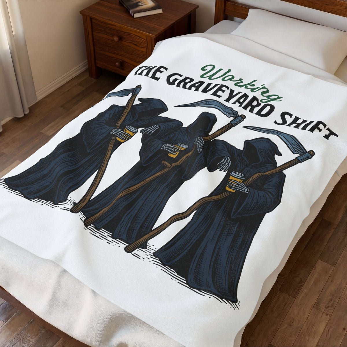 Reaper Trio Blanket Halloween Macabre Gift Women Old School Blanket Grim Reaper Blanket Horror Fan Dark Art Blanket Morbid Graphic Doodle Cup