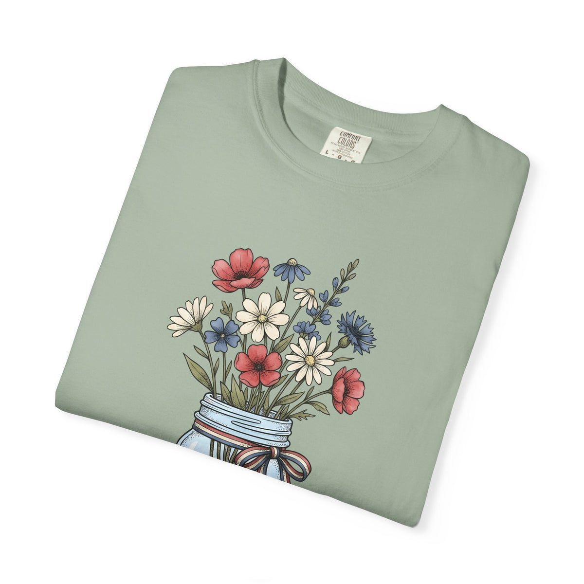 Mason Jar Flowers T-Shirt 4th Of July Floral Gift Women Hand Drawn T-Shirt Flower Arrangement T-Shirt Independence Day Fan Floral Graphic T-Shirt
