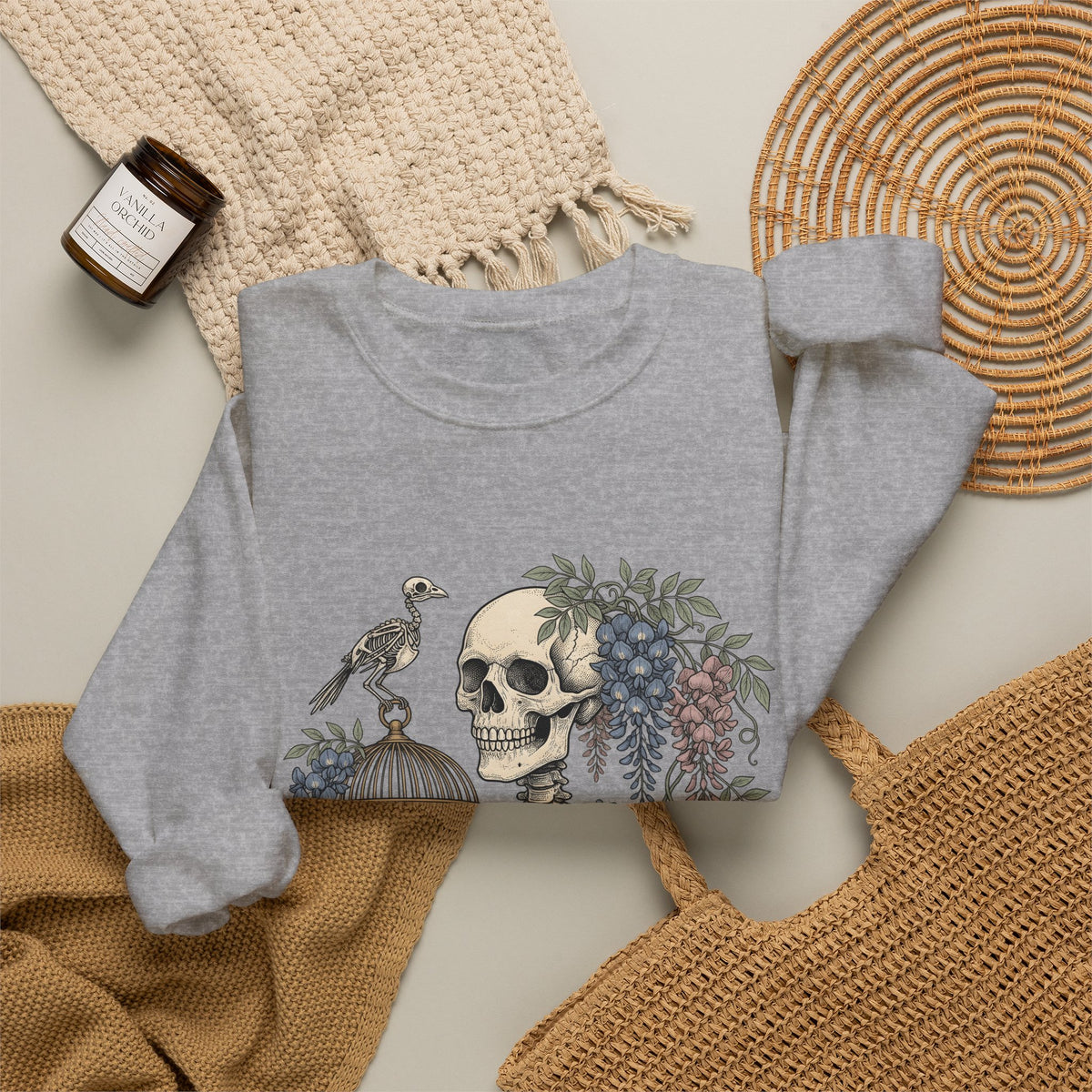 Bone Bloom Sweatshirt Halloween Dark Art Gift Women Rustic Sweatshirt Skeleton Sweatshirt Horror Fan Gothic Sweatshirt Macabre Graphic Doodle Aviary Sweatshirt