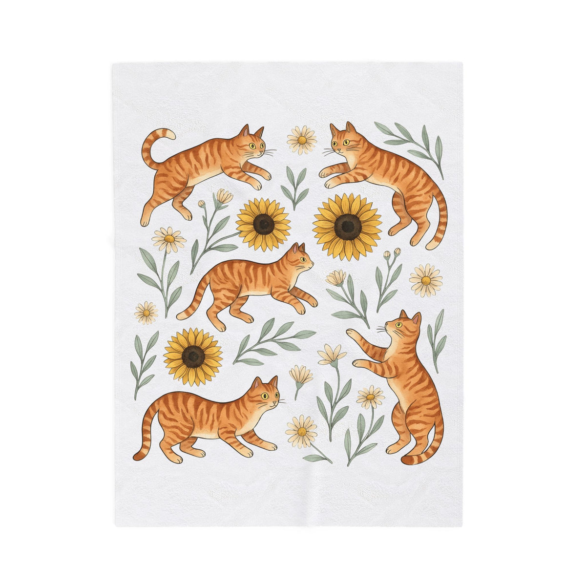 Ginger Cats Blanket Cat Flower Gift Women Cartoon Blanket Orange Cat Blanket Cat Fan Feline Graphic Illustration Comic Blanket Sketch Sunflower