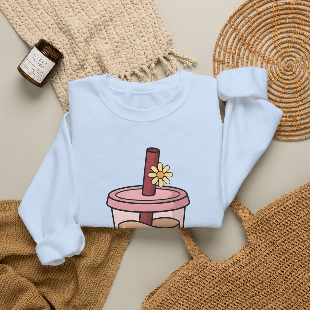 Boba Tea Sweatshirt Drinks Cuisine Gift Women Cute Sweatshirt Bubble Tea Sweatshirt Beverage Fan Milk Tea Sweatshirt Food Graphic Simple Blossom Sweatshirt