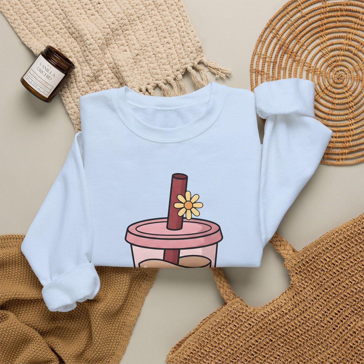 Boba Tea Sweatshirt Drinks Cuisine Gift Women Cute Sweatshirt Bubble Tea Sweatshirt Beverage Fan Milk Tea Sweatshirt Food Graphic Simple Blossom Sweatshirt