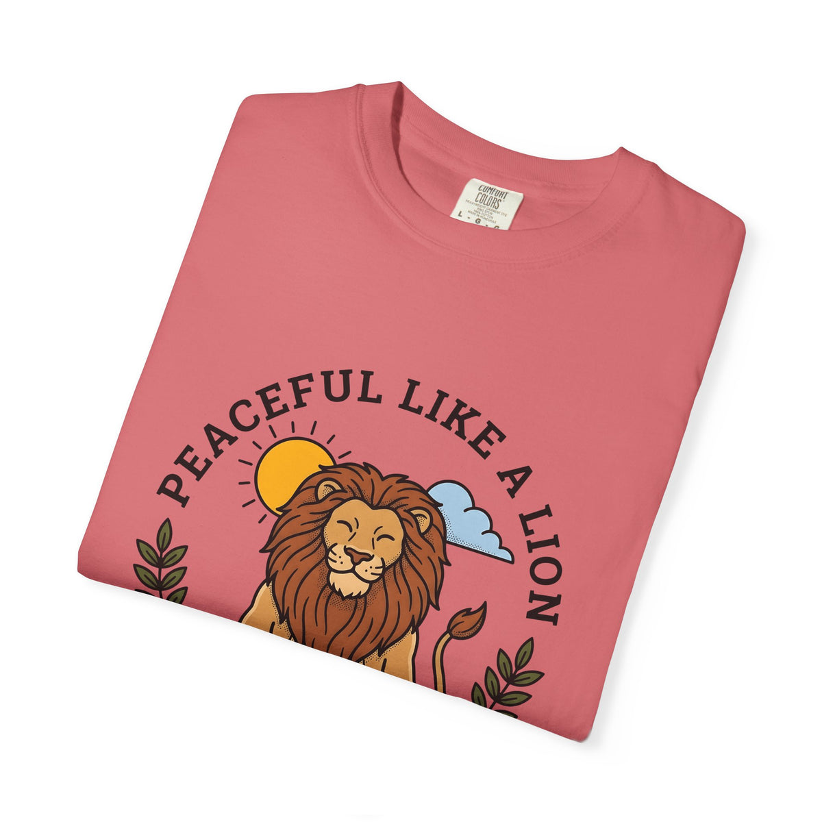 Meditating Lion T-Shirt Yoga Mindfulness Gift Women Cartoon T-Shirt Lioness T-Shirt Yoga Enthusiast Comic T-Shirt Meditation Graphic Minimalist Sun