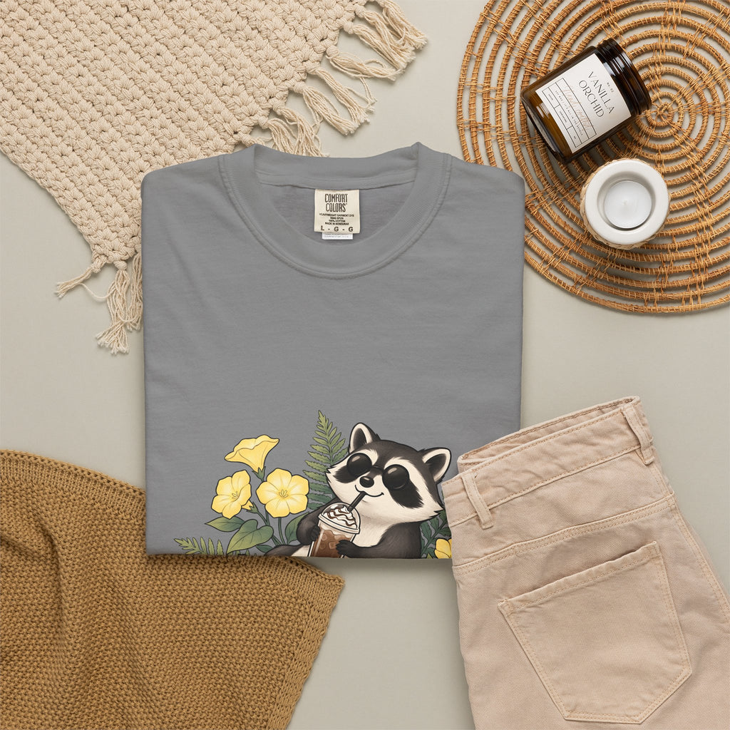 Raccoon Cappuccino T-Shirt Coffee Pet Gift Women Cartoon T-Shirt Cappuccino T-Shirt Coffee Fan Caricature T-Shirt Animal Graphic Outline Florals