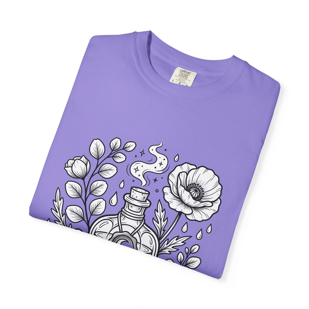Magic Bottle T-Shirt Halloween Spells Gift Women Sketch T-Shirt Genie Bottle T-Shirt Horror Fan Mystic Drawing Graphic Retro Flower T-Shirt