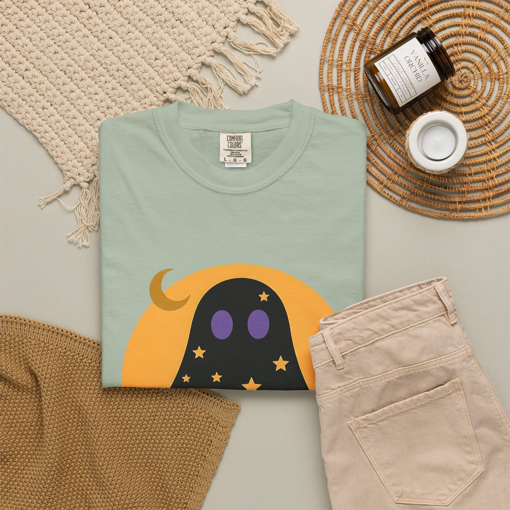 Ghost Halloween Spooky Gift Cute Specter Horror Fan Ghostly Macabre Minimalist Crescent T-Shirt