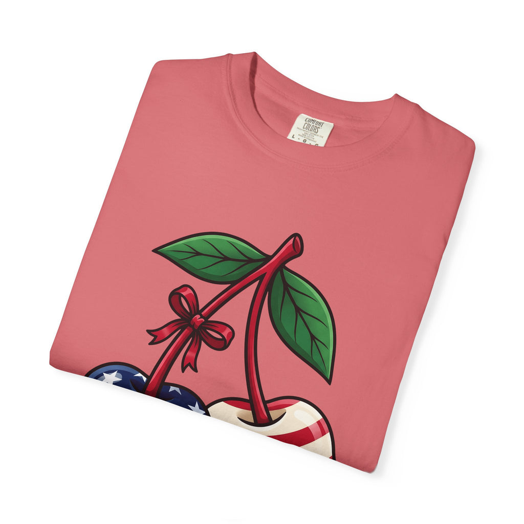 American Cherries 4Th Of July Beach Gift Comic Cherry Independence Day Fan Cartoon Coastal T-Shirt