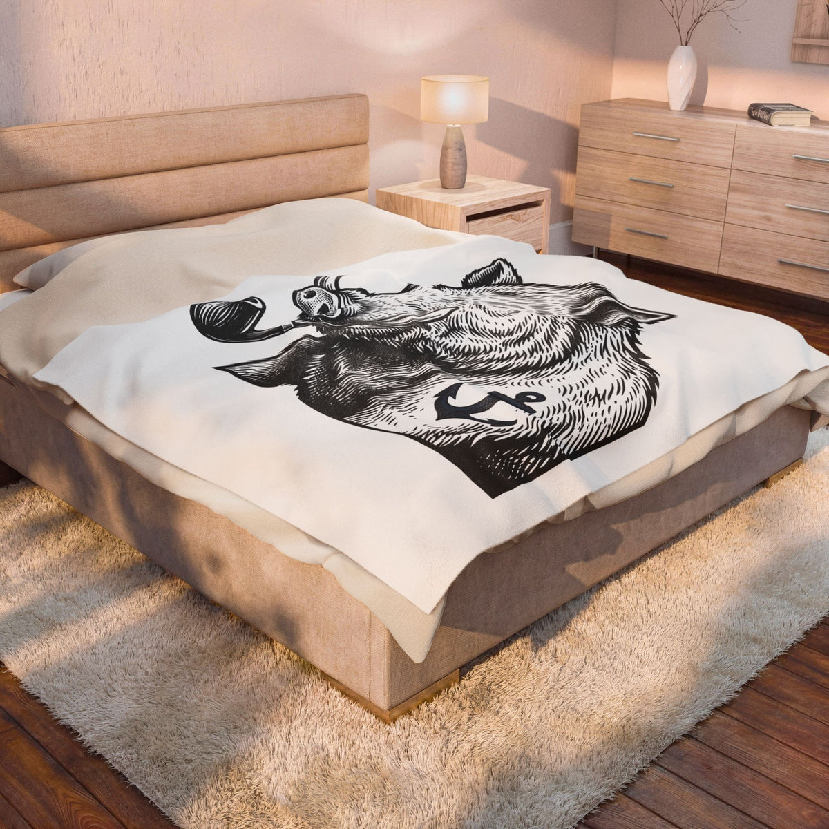Boar Pipe Blanket Funny Animal Gift Women Woodcut Blanket Smoking Pipe Blanket Humor Fan Print Blanket Wildlife Graphic Vintage Anchor Blanket
