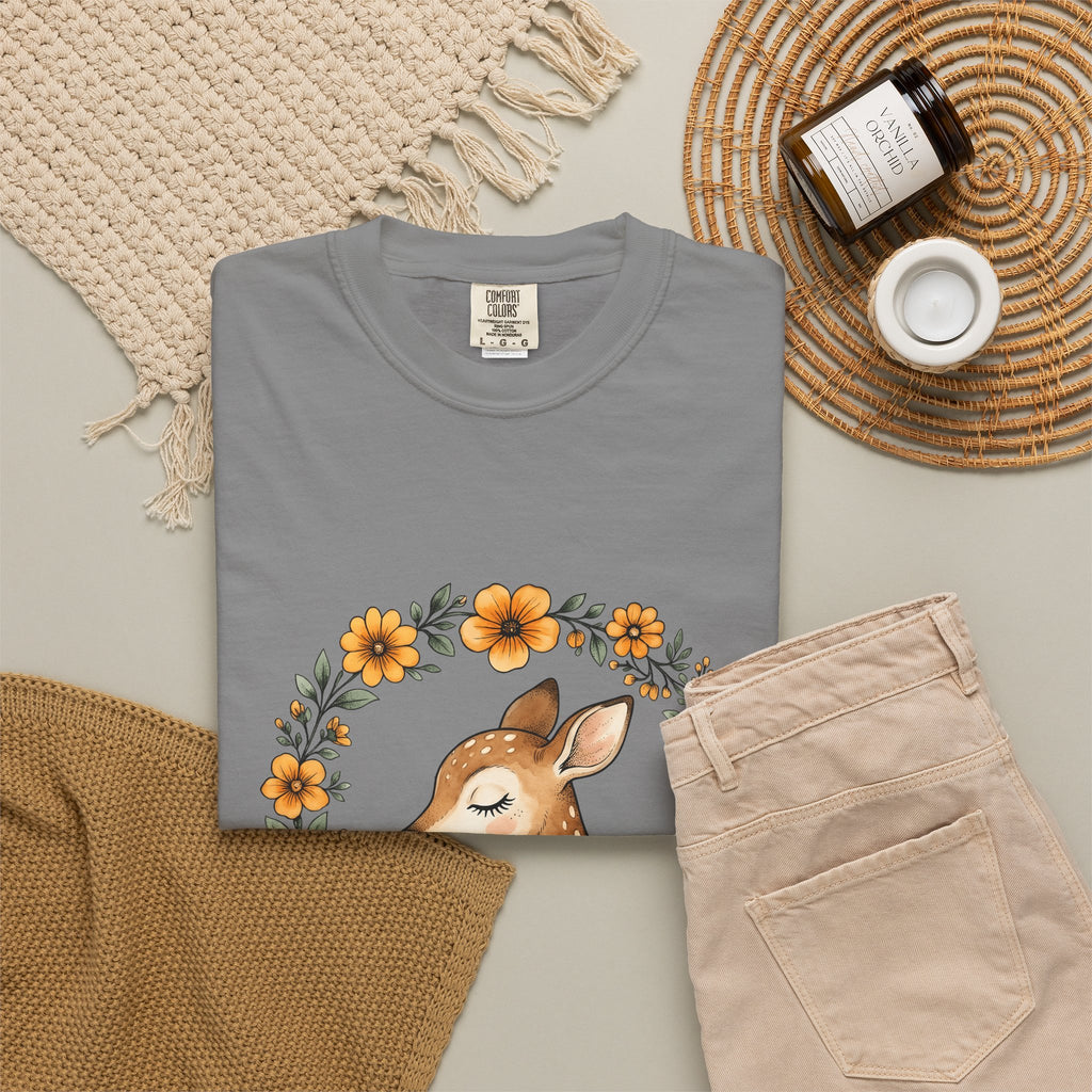 Fawn Boho Chic Forest Gift Sketch Deer Bohemian Fan Drawing Woods Pastel Flower Crown T-Shirt