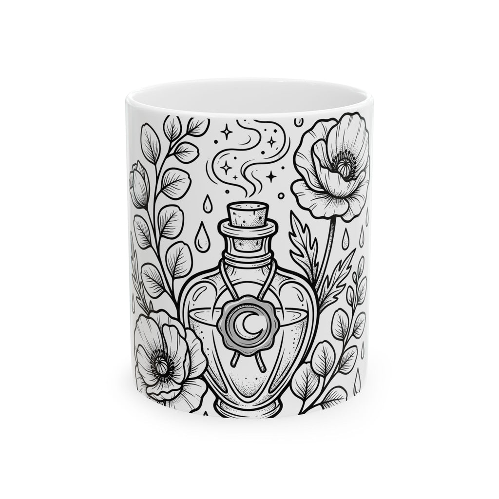 Magic Bottle Mug Halloween Spells Gift Women Sketch Mug Genie Bottle Mug Horror Fan Mystic Drawing Graphic Retro Flower Mug