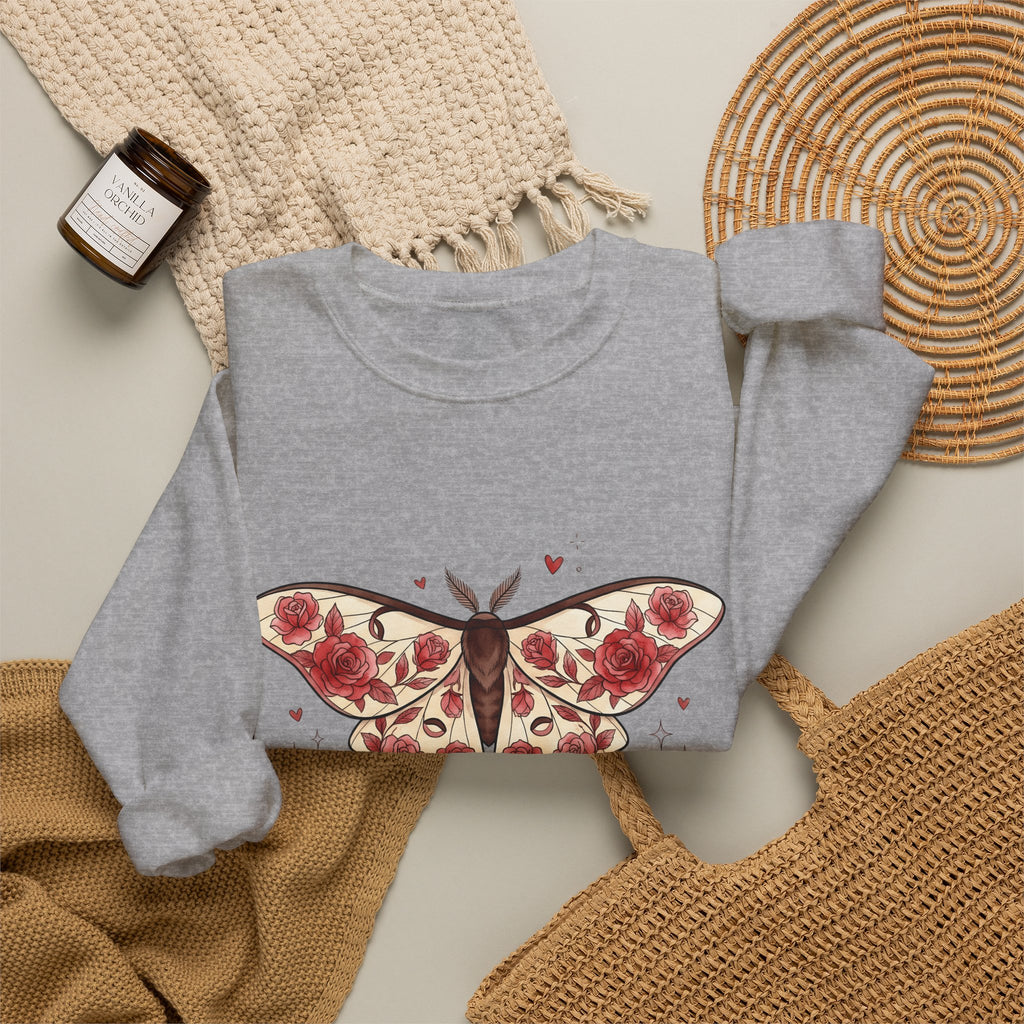 Moth Rose Sweatshirt St. Valentine's Day Floral Gift Women Boho Sweatshirt Rose Sweatshirt Valentine Fan Bohemian Sweatshirt Floral Graphic Tattoo Ribbon