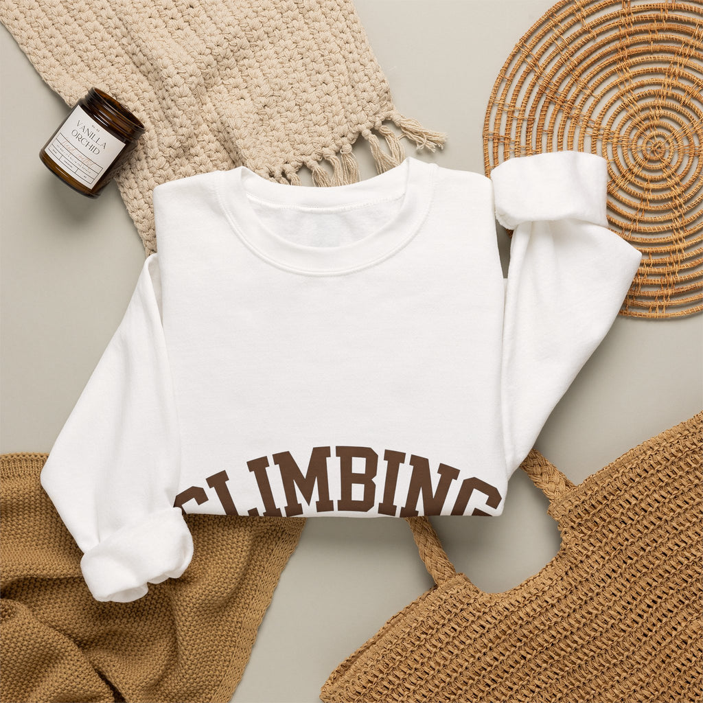 Climbing Text Sweatshirt Climbing Fitness Gift Women Bold Sweatshirt Boulder Sweatshirt Climber Enthusiast Graphic Sweatshirt Workout Graphic Retro Arched