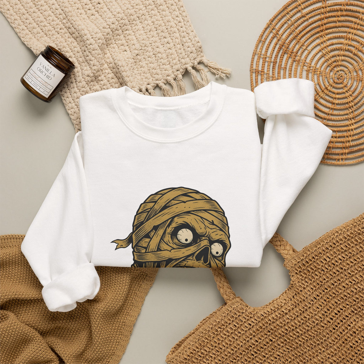 Mummy Skull Sweatshirt Halloween Ghost Gift Women Creepy Sweatshirt Skull Sweatshirt Horror Fan Spooky Sweatshirt Specter Graphic Classic Scarab Sweatshirt