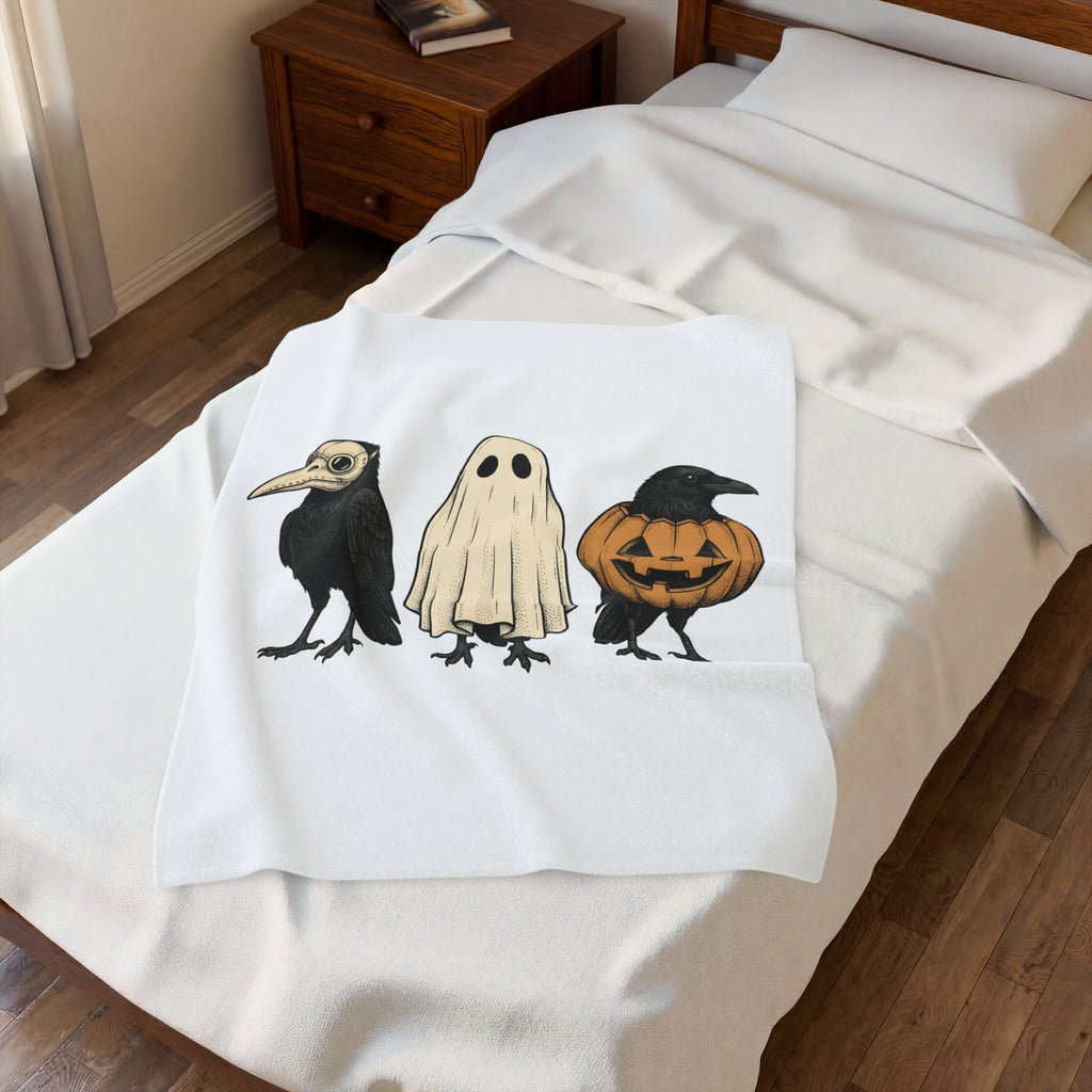 Raven Outfit Blanket Halloween Horror Gift Women Retro Blanket Crow Outfit Blanket Horror Fan Creepy Graphic Blanket Sketch Jack-O-Lantern Blanket