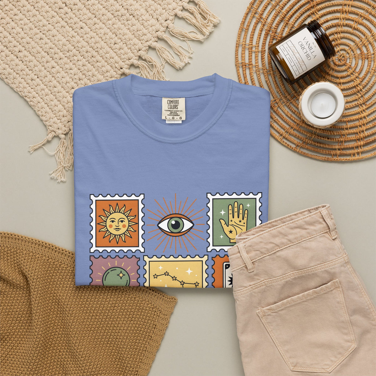 Magic Stamps T-Shirt Halloween Zodiac Gift Women Hippie T-Shirt Rubber Stamp T-Shirt Horror Fan Psychedelic T-Shirt Astrology Graphic Vintage