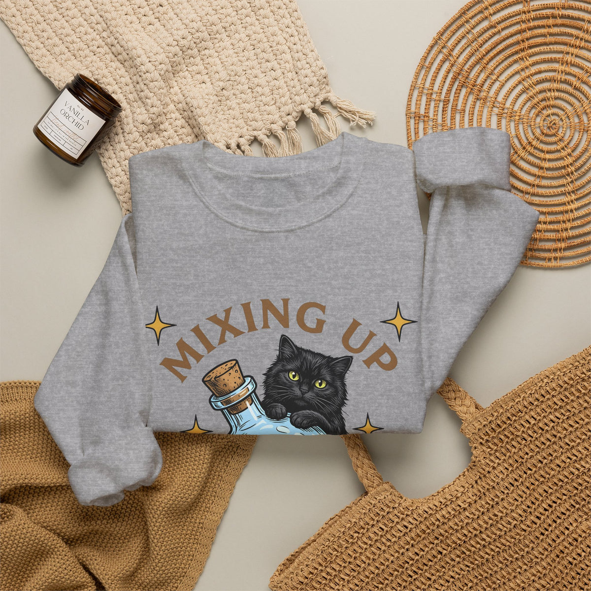 Black Cat Potion Sweatshirt Cat Humor Gift Women Cartoon Sweatshirt Magic Potion Sweatshirt Cat Fan Comic Sweatshirt Funny Graphic Vintage Stars Sweatshirt