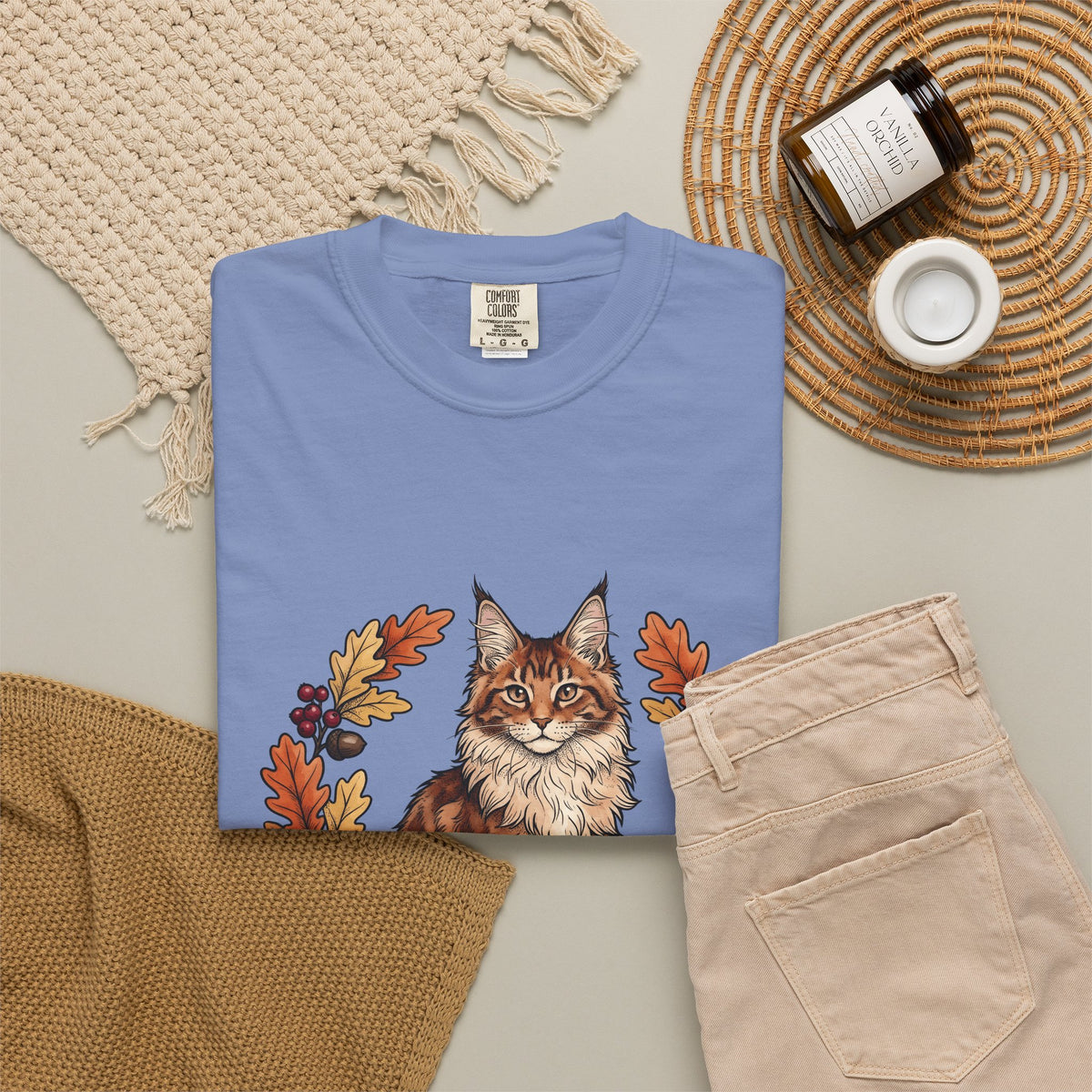 Maine Coon Pet T-Shirt Cat Pumpkin Gift Women Greenery T-Shirt Cat T-Shirt Cat Fan Foliage T-Shirt Gourd Graphic Old-Fashioned Orange Leaves T-Shirt