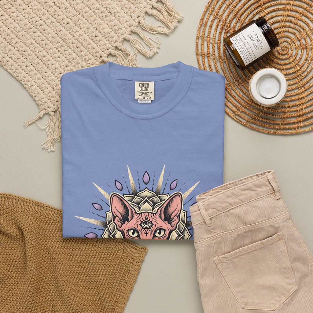 Sphynx Pet T-Shirt Cat Meditation Gift Women Tribal T-Shirt Hairless Cat T-Shirt Cat Fan Tribalism T-Shirt Mindfulness Graphic Etched Circle Design
