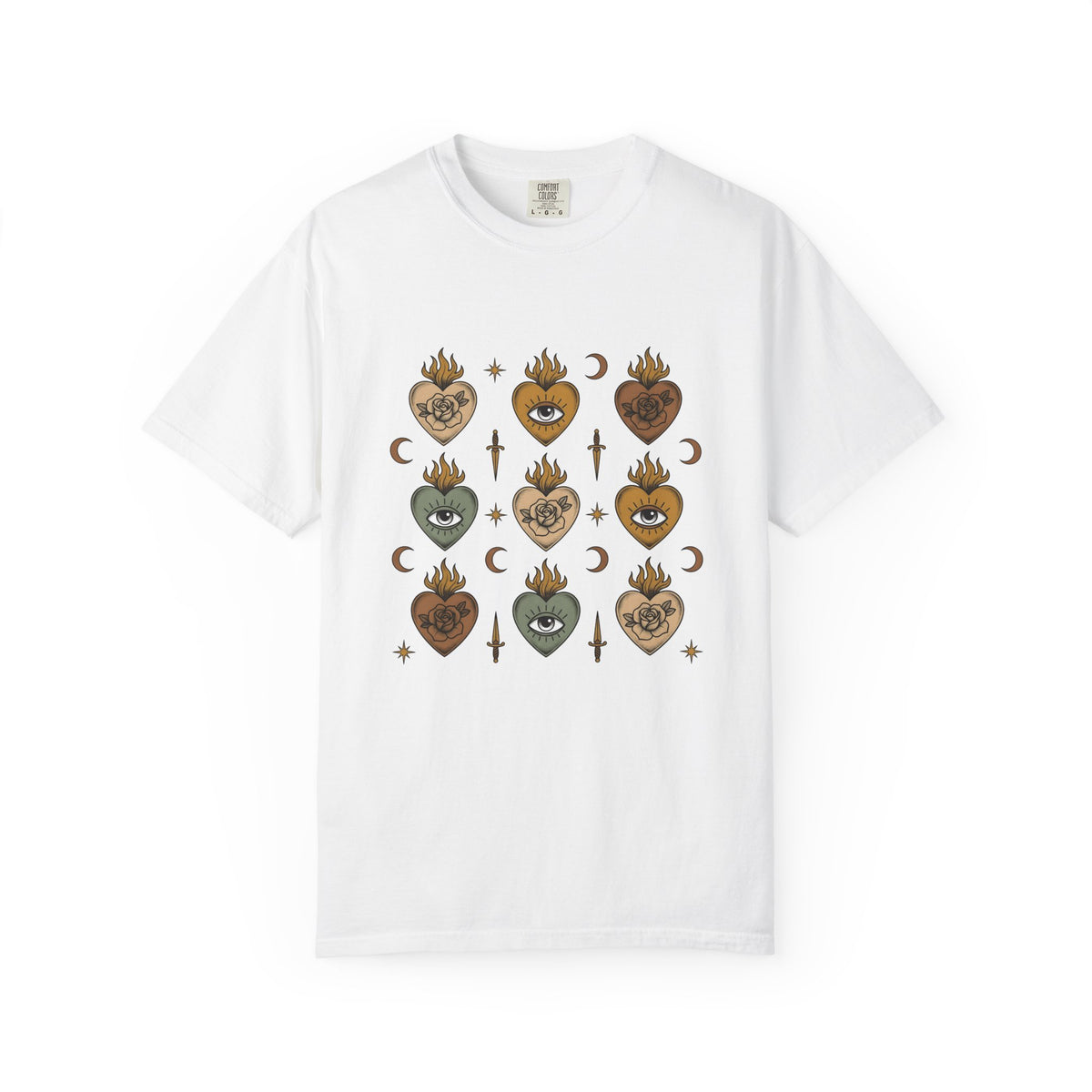 Sacred Heart Pattern T-Shirt Boho Chic Mystical Gift Women Tattoo T-Shirt Heart Design T-Shirt Bohemian Fan Ink Graphic T-Shirt Vintage Crescent