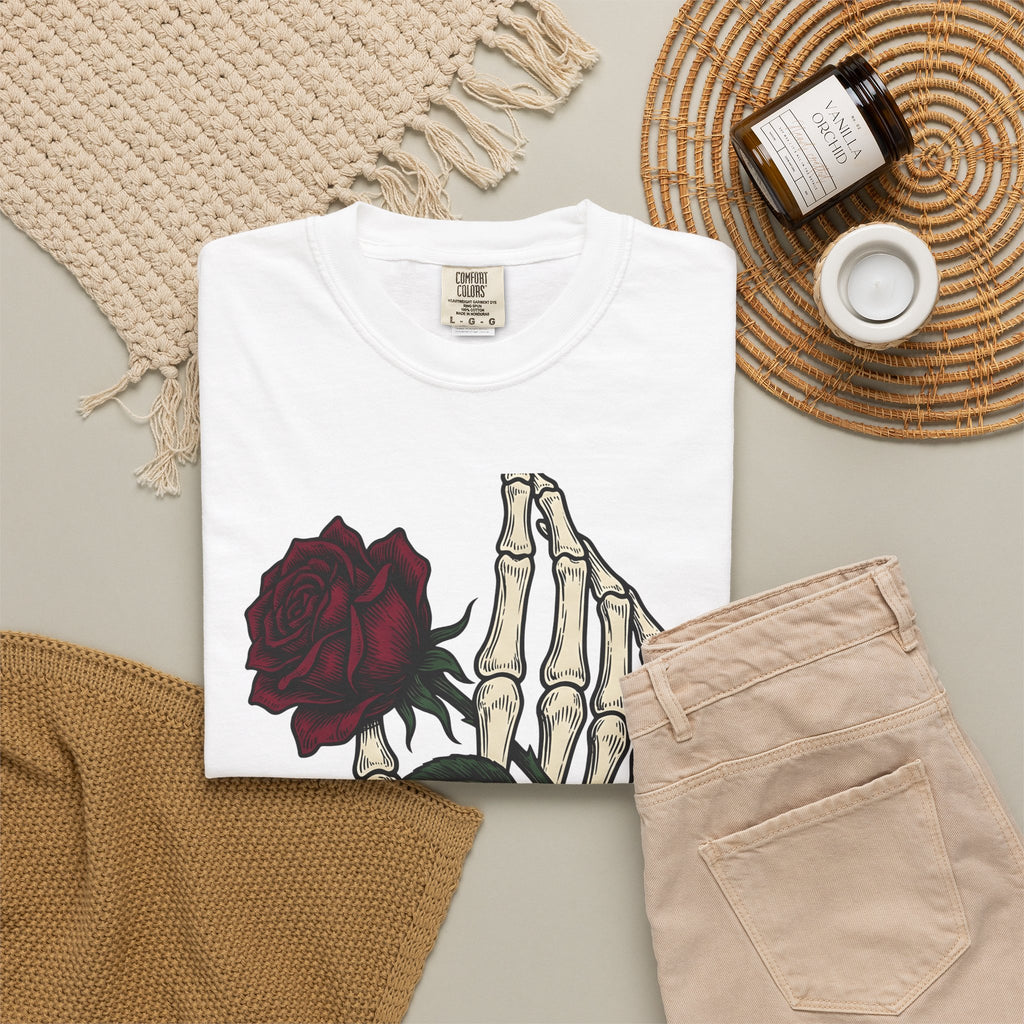 Skeleton Hand T-Shirt Halloween Gothic Gift Women Tattoo T-Shirt Bony Finger T-Shirt Horror Fan Ink T-Shirt Dark Graphic Vintage Rose T-Shirt