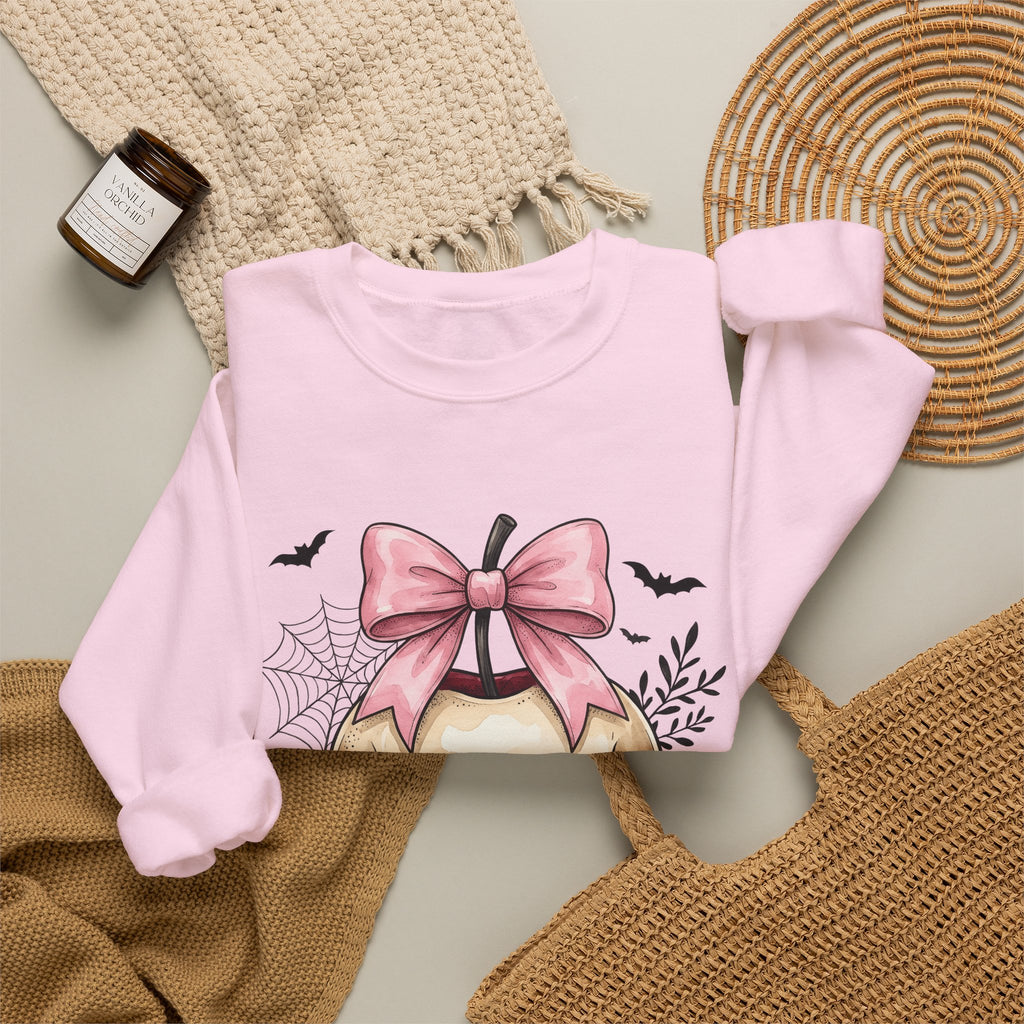 Skeleton Apple Sweatshirt Halloween Scary Gift Women Horror Sweatshirt Bone Sweatshirt Spooky Fan Macabre Sweatshirt Frightful Graphic Hand Drawn Pink Hair Bow