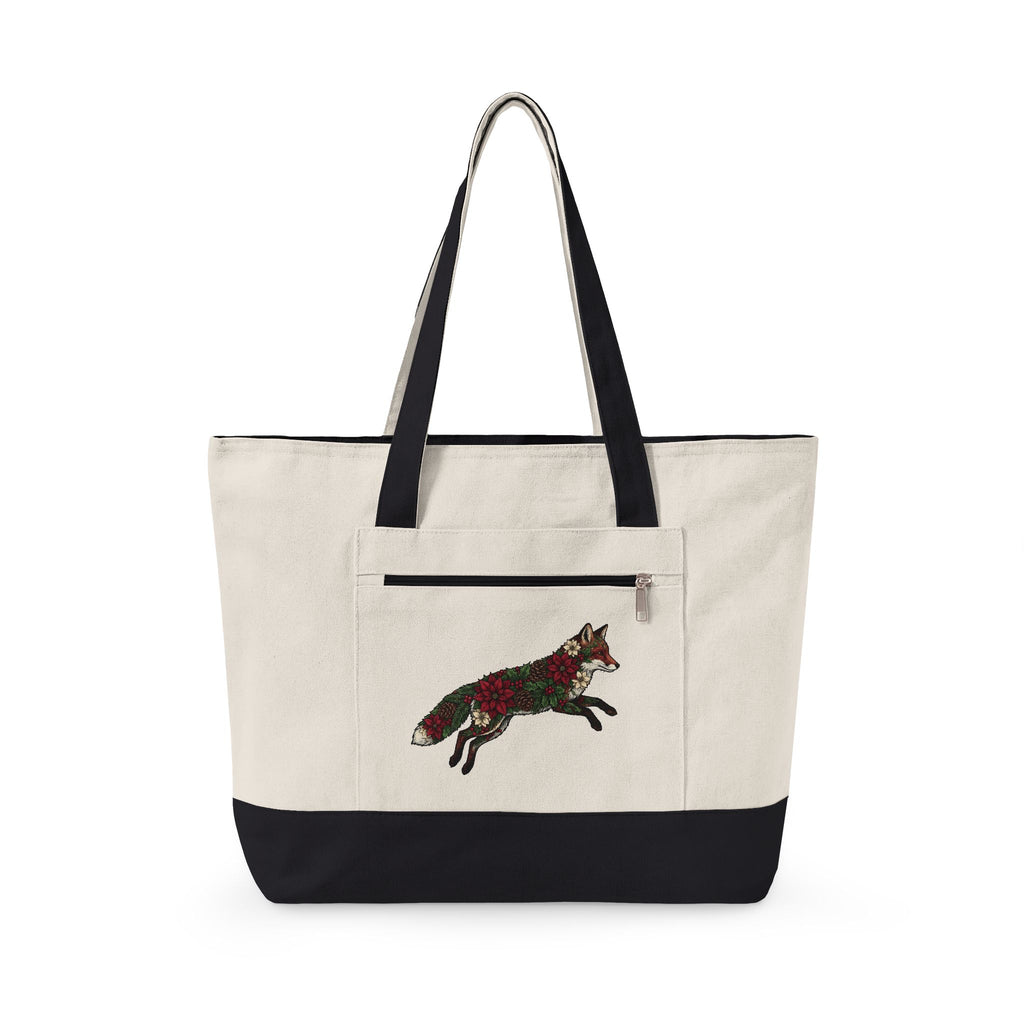 Fox Flower Holiday Winter Gift Floral Flower Christmas Fan Floral Snowflake Retro Pine Cone Tote Bag