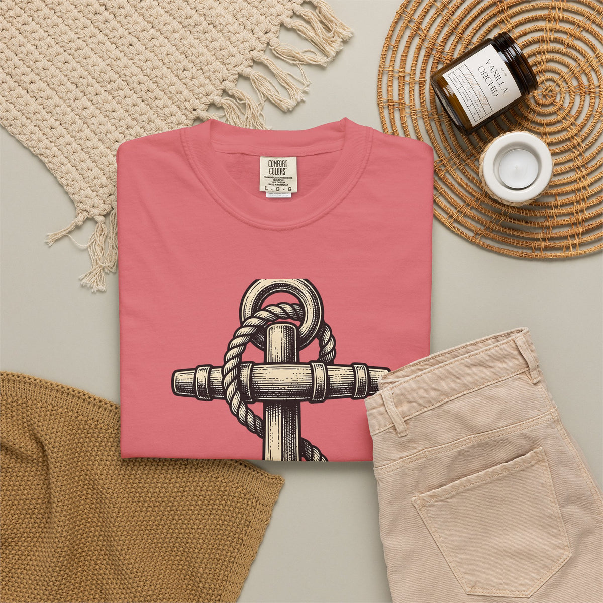 Anchor Line Nautical Beach Gift Old School Rope Sailor Fan Mooring Outline Seaside T-Shirt