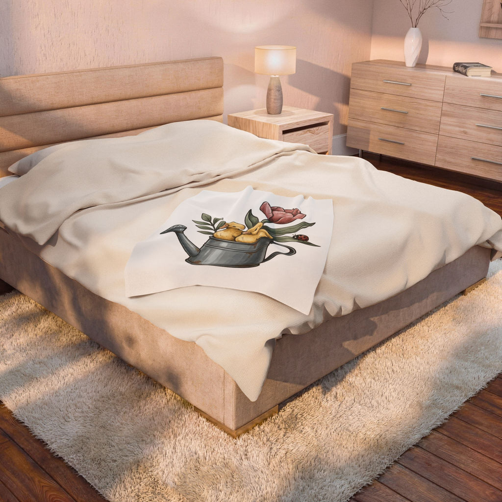 Baby Ducks Watering Pot Blanket Easter Garden Gift Women Sketch Blanket Duckling Blanket Spring Fan Doodle Blanket Gardening Graphic Retro Flower