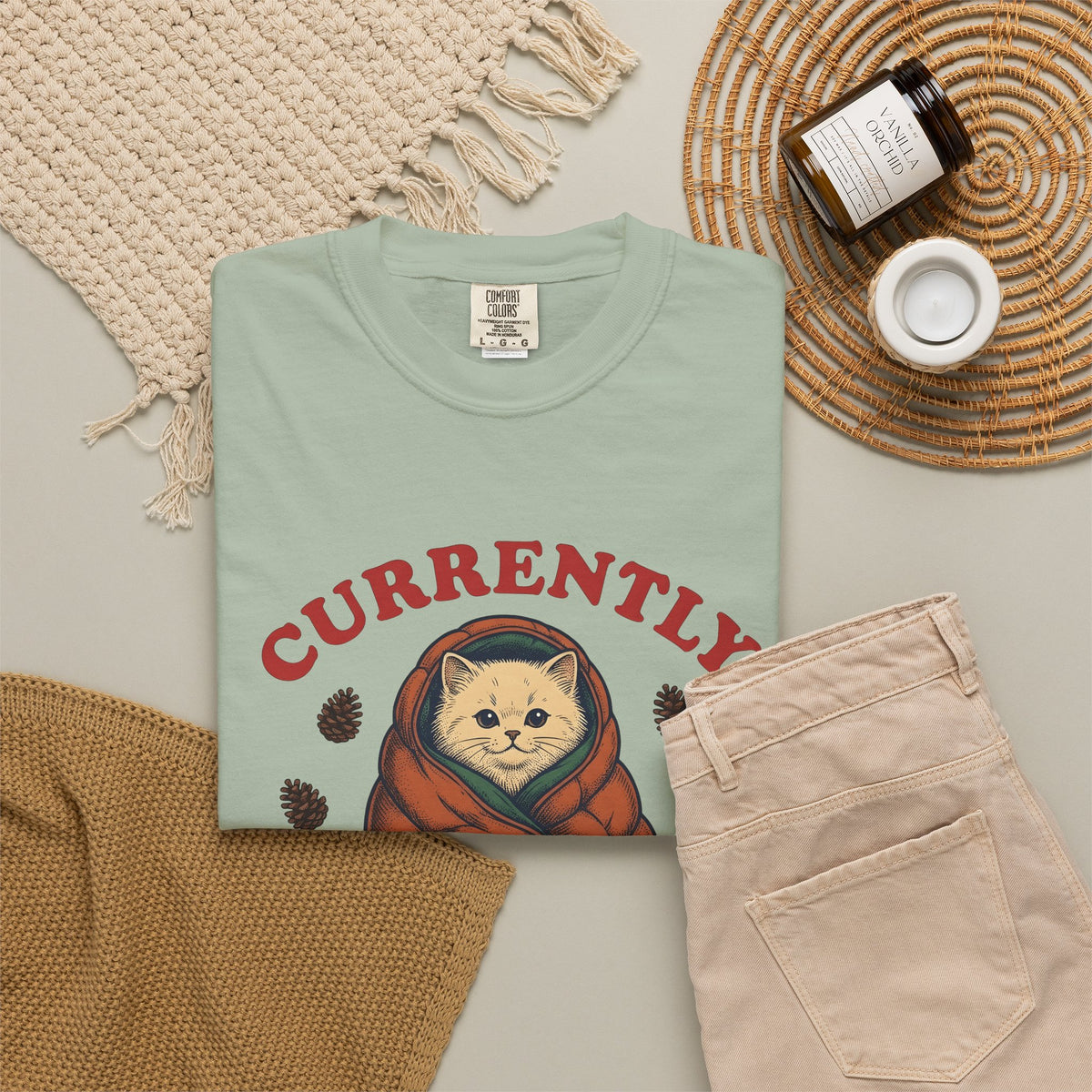 Warm Cat T-Shirt Cat Backpacking Gift Women Farmhouse T-Shirt Kitty T-Shirt Feline Fan Rustic T-Shirt Hiking Graphic Line Art Conifer Cones T-Shirt