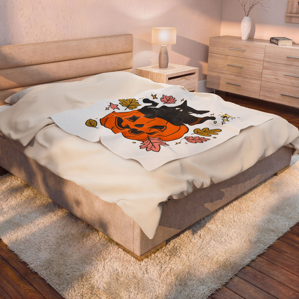 Black Cat Pumpkin Blanket Halloween Cat Gift Women Cute Blanket Cat Blanket Horror Fan Kawaii Blanket Feline Graphic Hand Drawn Magic Wand Blanket